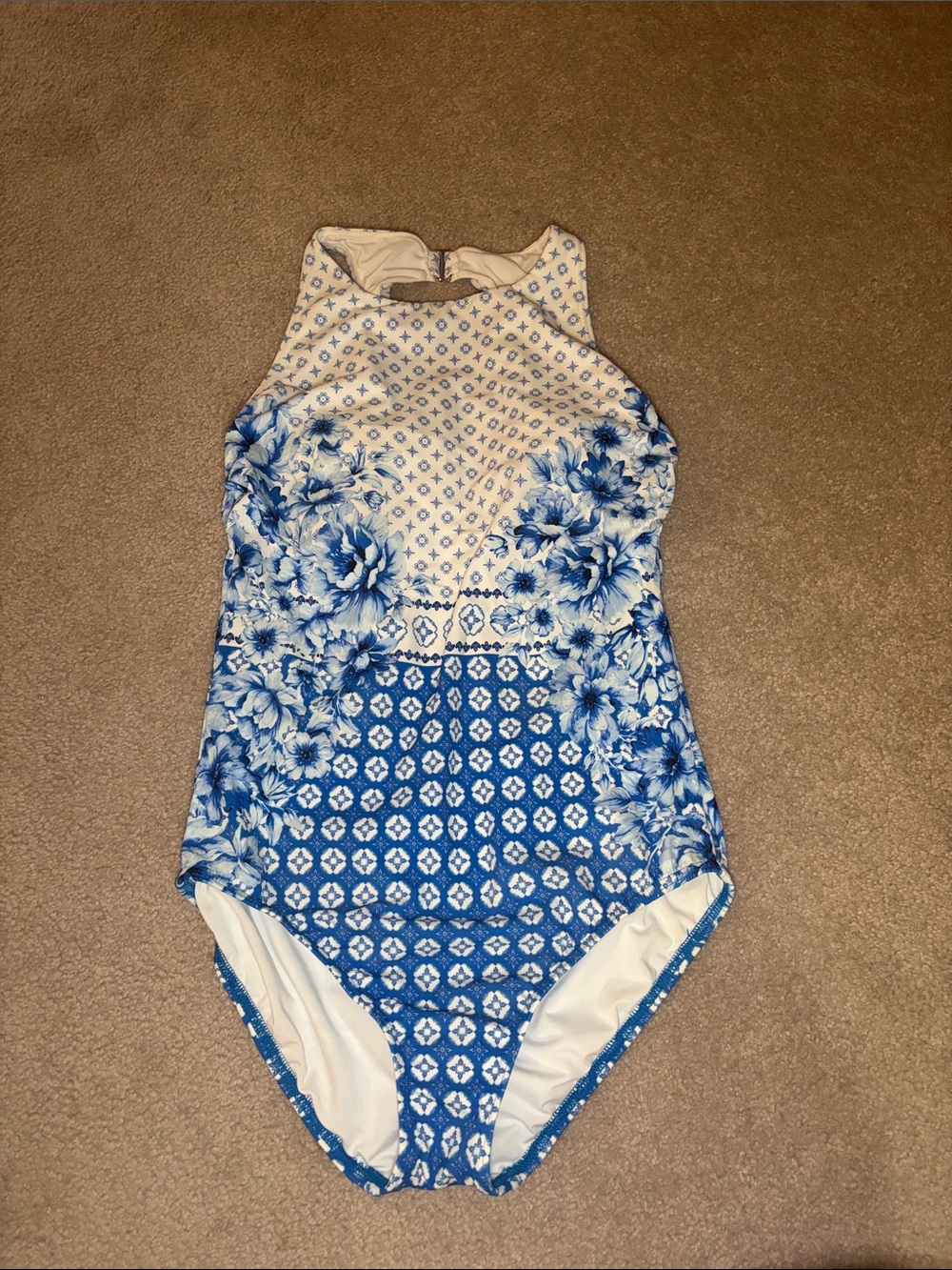 LAND’S END Blue and White Floral One-Piece Swimsuit, size 12